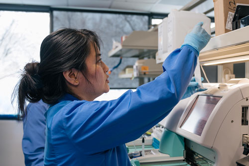 A woman works with lab testing equipment