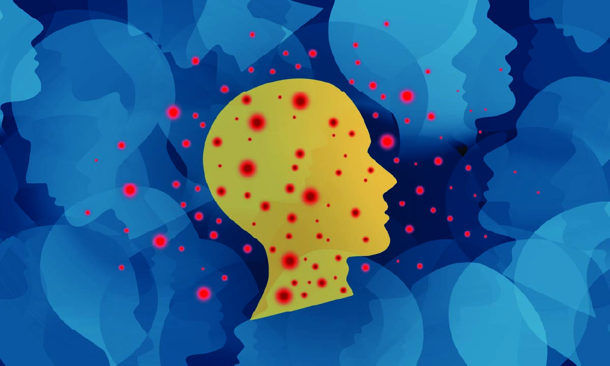 Illustration of a yellow silhouette head on a background of blue silhouette heads. Red dots on the yellow silhouette reach out to the blue silhouettes.
