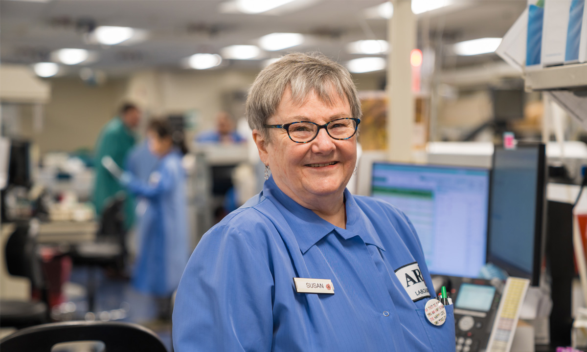 Susan Driggs stands in ARUP’s University of Utah Hospital Clinical Laboratory.