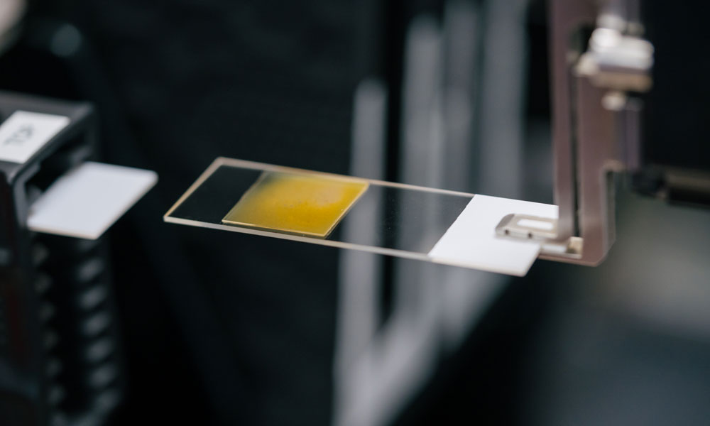 A robotic arm holding a slide